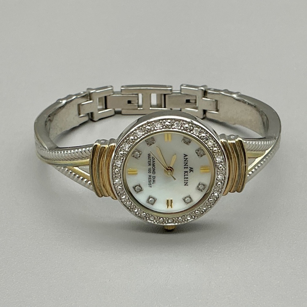 Anne Klein Watch Womens Diamond Dial Two Tone Bangle Bracelet 6" NEW BATTERY